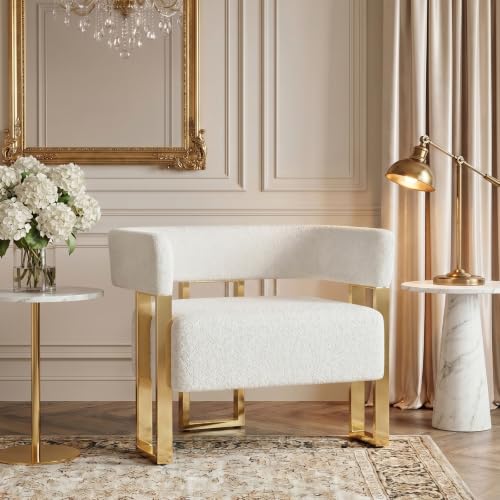 Image of Modern Accent Chair, Barrel Chairs, Arm Chairs for Living Room (1, White) | STHOUYN Bedroom Side Chairs, Boucle Upholstery, Curved Bucket Design, Gold-Tone Base, Armchairs, Small Space Seating