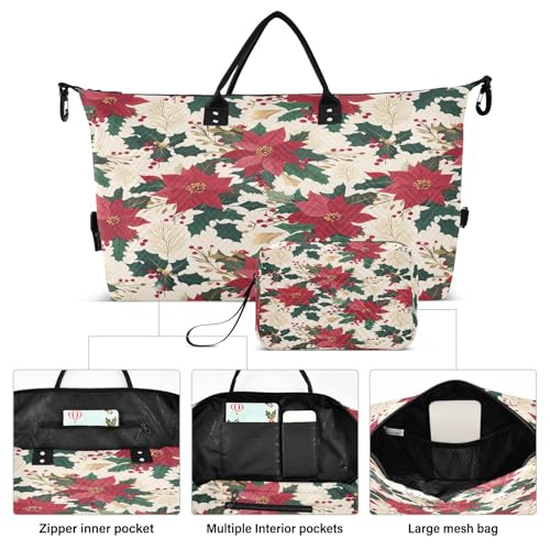 Weekender Bags Travel Duffel Gym Bag Poinsettias Holly Leaves Pattern Carry on Overnight Tote Bag with Toiletry Bag for Airplane Travel Trip Gym Yoga2