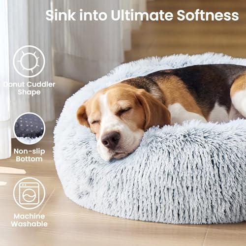 Image of JOLLYVOGUE Small Dog Bed, Calming Dog Beds for Small Dogs & Indoor Cats - 20 Inches Donut Washable Cat Bed for Kittens & Puppies, Round Fluffy Plush Faux Fur Pet Beds(Smoke Grey) (Pack of 2)