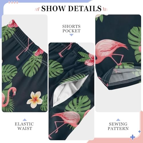 CHIFIGNO Size 9-10 Boys Pants Tropical Leaves Flamingos Black Boys Home Pants, Big Boys Pants with Pockets 5