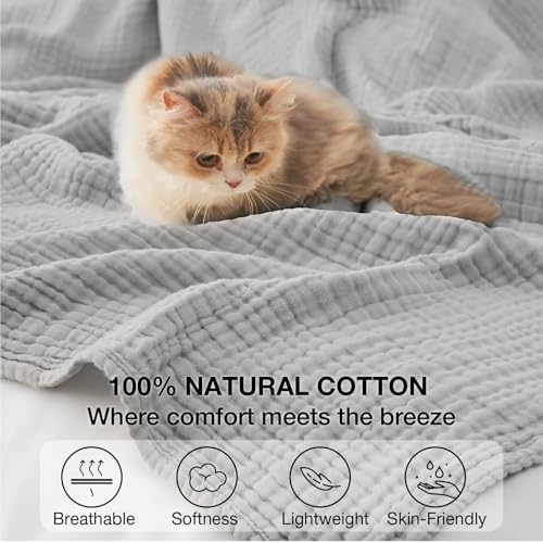 100% Cotton Muslin Blanket Twin 66" x 90", Breathable and Lightweight Cotton Twin Blankets for Couch, Soft Cooling Summer Gauze Blanket for Adults All Season, Light Grey
