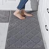 COSY HOMEER 2PCS Soft Kitchen Rugs Set, 20"x30" + 20"x48" Kitchen Mats for Floor, Nonslip Long Kitchen Runner Rugs for Sink Laundry Hallway, 100% Polyester & Washable, Grey