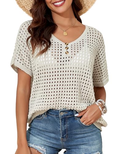 PrettyGuide Blusa feminina de crochê para o verão, gola V, manga ...