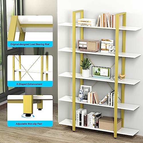 Lazeyard 5-Tier Bookshelf,70" Modern Wood Metal Bookshelf,Wide Open Bookshelf Etagere Bookcase,Large Tall Bookshelf For Bedroom,Living Room,Office,5 Shelf Display And Storage Shelves,White And Gold #TOP2