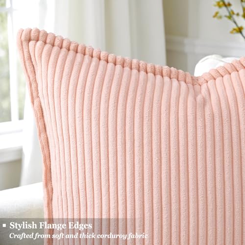 decorUhome Corduroy Pink Throw Pillow Covers 26x26 Set of 2 Decorative Soft Boho Striped Neutral Euro Farmhouse Couch Pillow Cases with Broadside for Living Room Bed Sofa