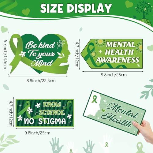 Image of Hooqict 20 Pieces Mental Health Awareness Decorations Signs Motivational Inspirational Green Ribbon Party Directional Sign for Mental Health Awareness Month Therapy Counseling Office Decorations