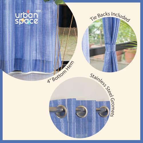 Image of Urban Space Aari Collection Weaved Sheer Curtains for Door 7 Feet Long, 40-50% Light Filtering Textured Curtains with Eyelets and Tieback, Set of 2 Decorative Curtains (Vertical Blue, 8 Feet)