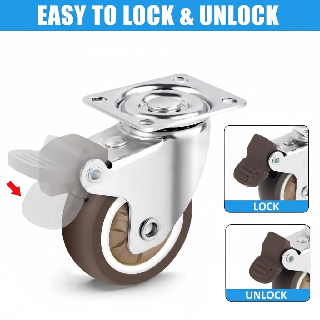 Set di ruote girevoli in gomma da 4 pezzi - Rulli con piastra rotante a 360 gradi(2 Movable 2 Brake 1.5 Inch)