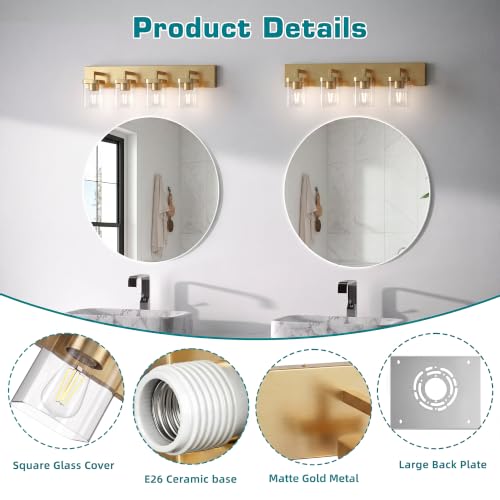 Image of Bathroom Lighting Fixtures Over Mirror, Square Design & Rectangle Large Backplate, 4 Lights Modern Vanity Lighting Fixtures, Bathroom Light Fixtures for Bathroom /Living Room /Bedroom, Gold
