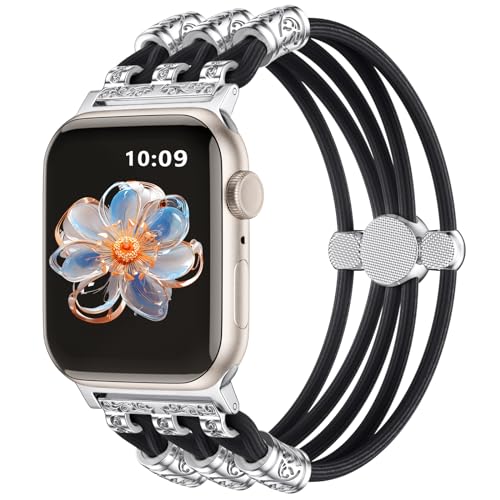 Omnillert Bracelet Band Beaded Compatible for Apple Watch 38mm 40mm 41mm Women 44 42 45mm, Black Cute Boho Watch Band Braided Nylon Elastic Stretchy Silver Charms iWatch Series 9 8 7 6 5 4 3 SE Strap