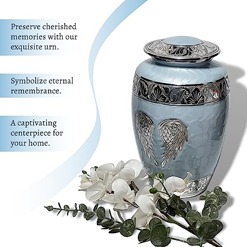 Image of Cremation Urns for Human Ashes Adult Female and Male - Decorative Large Burial Funeral Urn with Angel Wings Design, Sky Blue