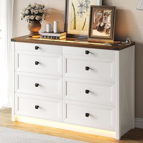 La mejor selección de Cajonera Blanca - los más vendidos. 45 Vlsrka Cómoda Cajonera con 8 Cajones para Dormitorio, Granja Comoda Cajonera Tapa de Cristal Luz,USB y Tipo-C, Mueble Organizador Cajonera, Salón, Entrada,120 * 85 * 40cm (Blanco...