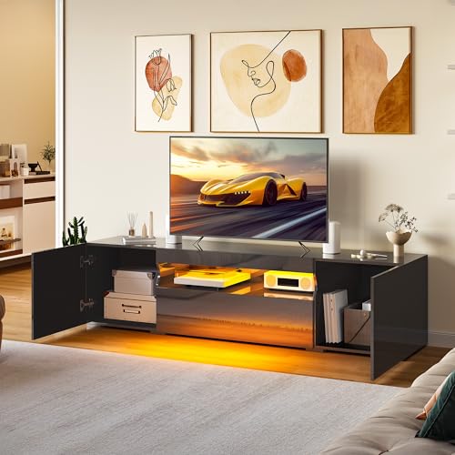 GOOBED TV Stand for 75/70 Inch TV, Modern LED Entertainment Center with Storage, Modern High Glossy Media Console Cabinet for Living Room, Grey