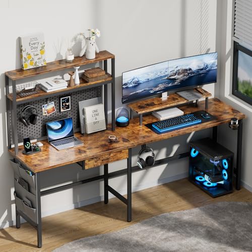 Image of HLDIRECT L Shaped Desk with LED Light & Power Outlet, 59 Inch Reversible Corner Gaming Desk with Storage Shelves & Drawer, Computer Table with Monitor Stand, Home Office, Work, Study, Rustic Brown