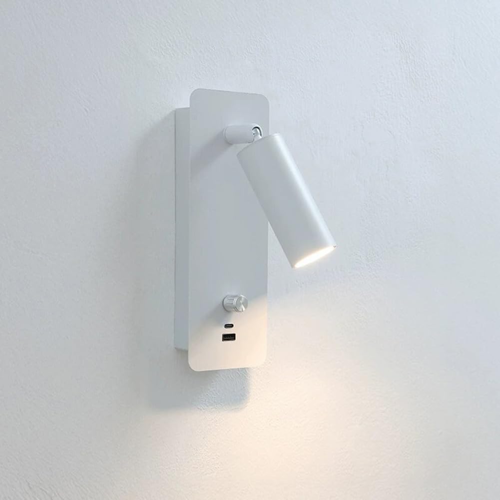 LOGT LED Wall Lamp, Swivel with Switch, 7W Adjustable Wall Light with USB Charging Function, A+C Warm White 3000K, Wall-Mounted Reading Lamp, Dimmable, Modern Bedside Light for Bedrooms,White