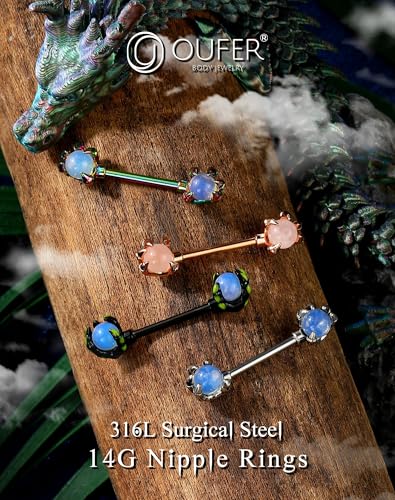 OUFER 14G Nipple Rings - 316L Surgical Steel Piercing Jewelry, 2PCS Pink Opals Surrounded by Dragon Claws Barbell2