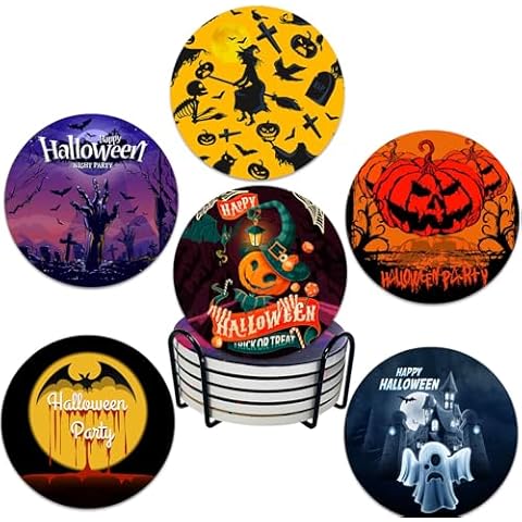 YumSur Halloween Drink Coasters Set with Holder Cover