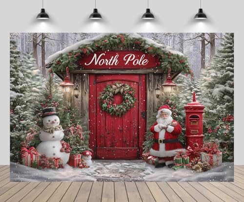 CHNBGPRO 2.1x1.5m Christmas North Pole Backdrop Santa Claus Snowman Christmas Trees Snowy Pine Forest Red Wooden Door Winter Holiday Background New Year Xmas Eve Party Decor Portrait Photo Booth Props