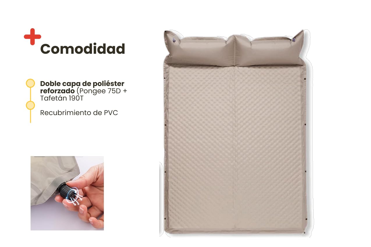 Inuitz Colchon autoinflable Doble 190x130 cm – 5 cm de Amortiguación – Colchoneta Plegable Ligera para Camping en Pareja y Aventuras Outdoor