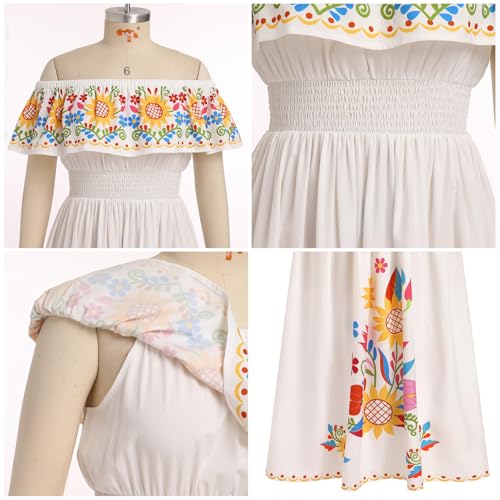 Image of ABEHIK Mexican Dresses for Women Traditional Off Shoulder Summer Floral Sunflower Fiesta Long Maxi Dress Cinco de Mayo Outfit