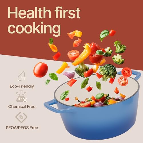 Image of Bakken Enameled Cast Iron Dutch Oven Pot, 6QT Dutch Oven for Bread Baking, Braising & Roasting, Kitchen & Campfire Cooking, Moisture-Locking Lid, Oven Safe Up To 500F, Works on All Cooktops, Blue