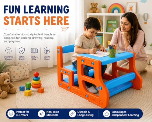 Image of eHomeKart Kids Double Seater Study Table & Bench Set | 90x75x58 cm | School Senior with Backpack Storage | Children Activity Desk Chair for Boys & Girls | Age 3-10 Years (ONE Bench)
