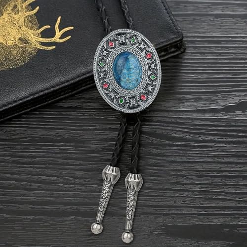 Image of Bolo Tie for Men Women Cowboy Turquoise Celtic Natural Tiger Eye Stone Longhorn Bull Western Leather Bolo Necktie
