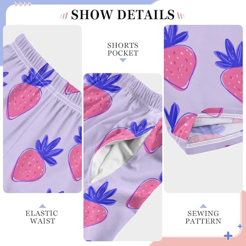 Strawberry Purple Cute Cartoon Pattern Cute Pajama Pants, Soft Sleepwear Lounge Pants Pajama Pj Bottoms for 6-14 Years4
