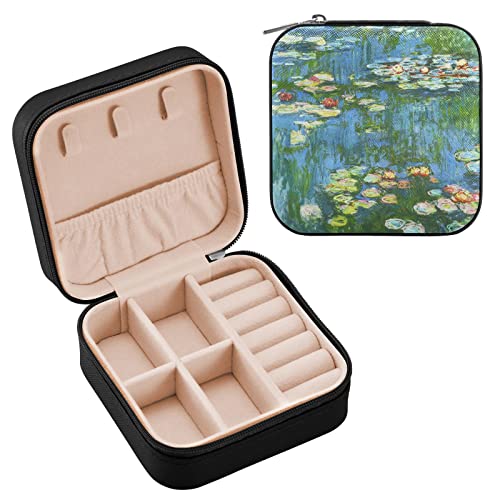 WIHVE Monet - Joyero de viaje para mujer, diseño de nenúfares de agua, sauce, de piel sintética, cuadrado, organizador de joyas