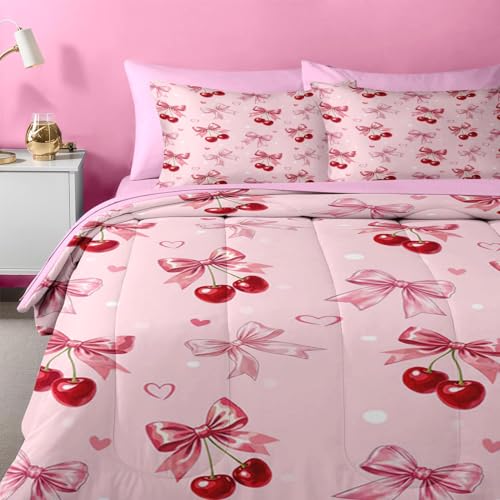 Image of Nesker 7 Pcs Comforter Set Full Size, Cherry Bow Bedding for Kids Teen with Fitted Sheet 2 Pillowcases & 2 Shams for Bedroom Bed Decor
