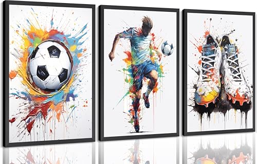 Colorful Soccer Canvas Wall Art - 3 Piece Framed Soccer Ball Player Cleats Poster Artwork for Boys Bedroom, Sports Themed Wall Decor, 12x16 Inch