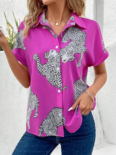WDIRARA Women's Leopard Print Button Down Blouse Short Sleeve Collared Casual Shirt Top3