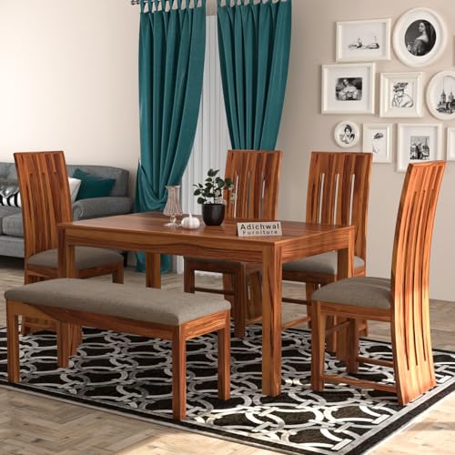 Image of Sheesham Wood 4 Chair with 1 Bench Dining Table Set with Cushioned Chairs for Dining Room | Living Room | Home & Office | (6 Seater with Bench, Honey B)