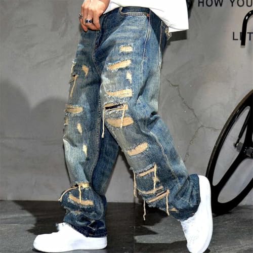 Men’S Trendy Ripped Baggy Straight Denim Pants Button Fly Distressed Streetwear Skateboard Patchwork Full Length Jeans3