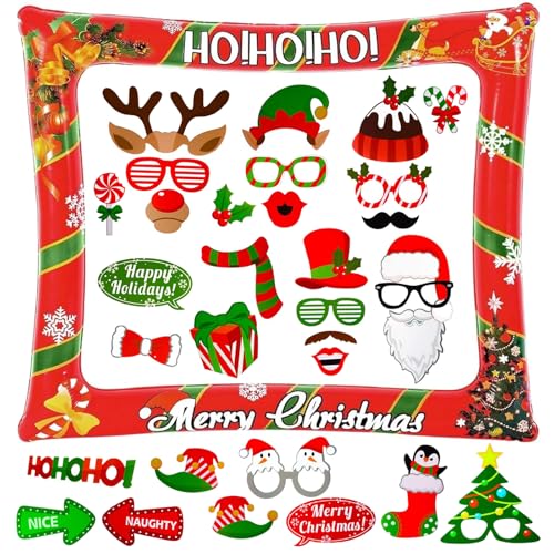 Marco de Fotos Inflable de Navidad con 32 Accesorios para Fotos, Accesorios para Fotomatón de Feliz Navidad, Merry Christmas Marco de Fotos Inflable para Selfies, Decoraciones para Fiestas Navideñas