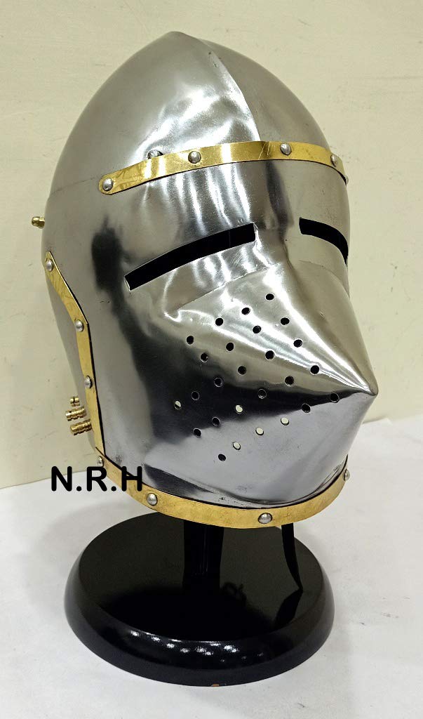 Nautical Replica Hub Armor Pig Face Bassinet Halloween Helmet (LARP/SCA/Medieval/Roman Reenactment Costume Armor) Silver Helmet W/Wooden Stand