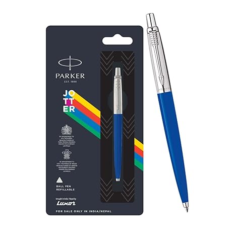 Parker Jotter Standard Chrome Trim Ballpoint Pen | Ink Color Blue | Blue Body Color | Designed for Students, Writers, and Professionals