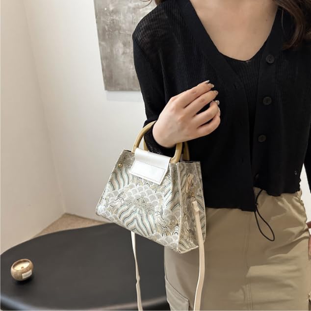 Vintage Floral Embroidered Mini Handbag, Top Handle Crossbody Purse, Retro Wave Pattern,Embroidery bag3