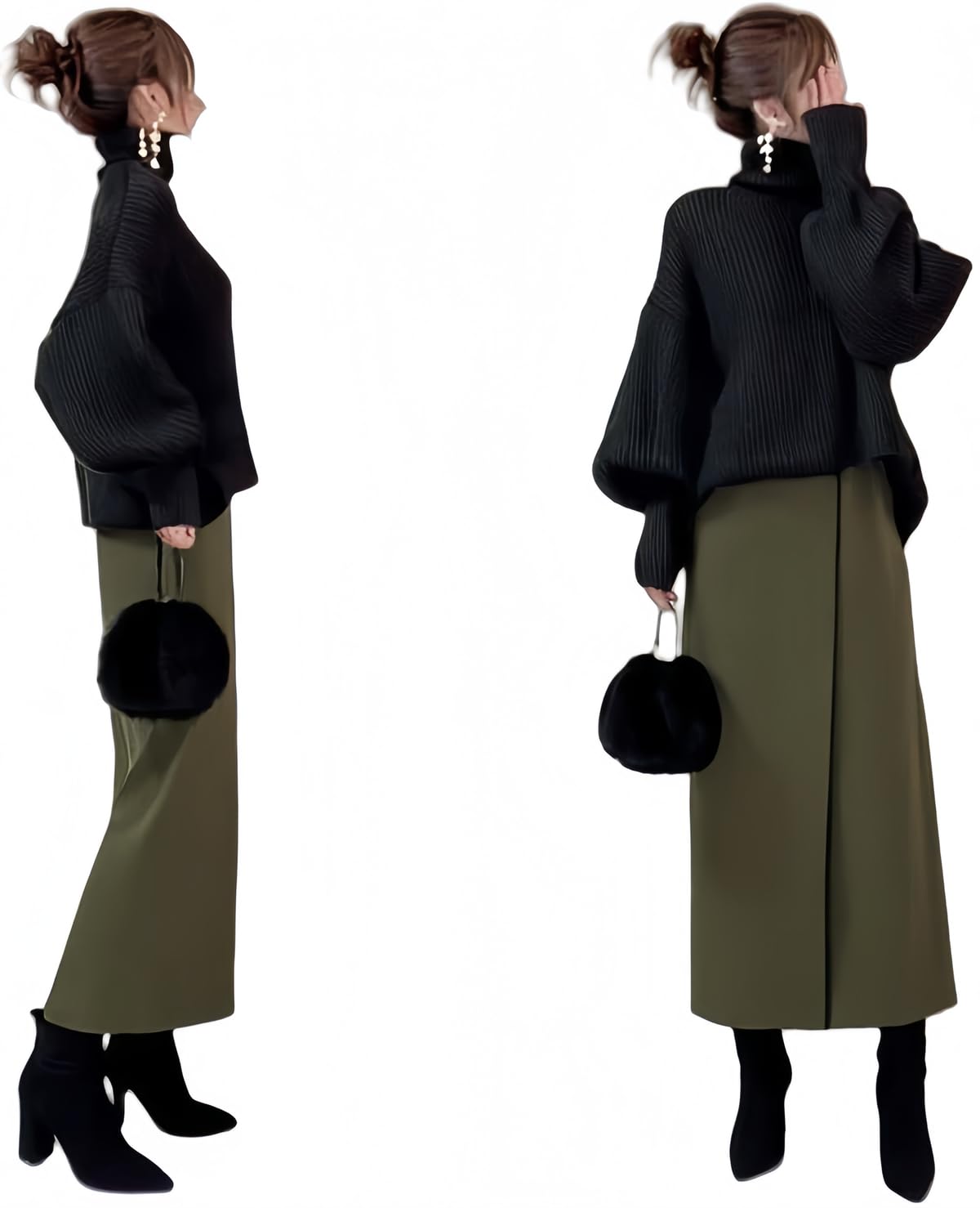 [YUANYUAN] レディース ２点セット ハイネックセーター＆ロングスカート 上下セットアップ 冬トップス ストレートスカート ロング丈 ランタンスリーブ タイト スリット カジュアル ゆったり 大人 可愛い 無地 おしゃれ エレガント 通学通勤 秋冬