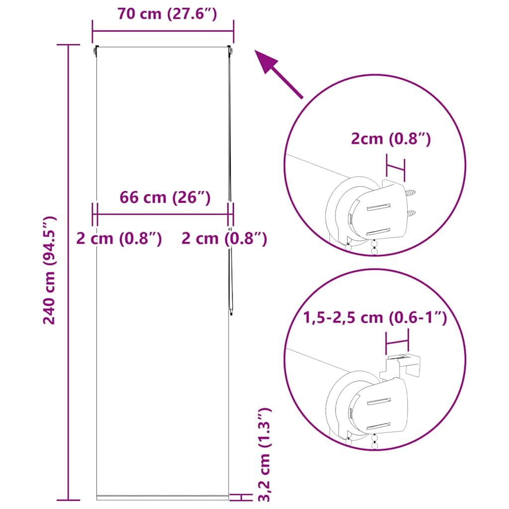 Cortina de ducha enrollable de 70 x 240 cm con tejido PEVA ancho 66 cm, impermeable, protección visual, conector de cadena, montaje versátil con tornillos o abrazaderas para baño, ventanas