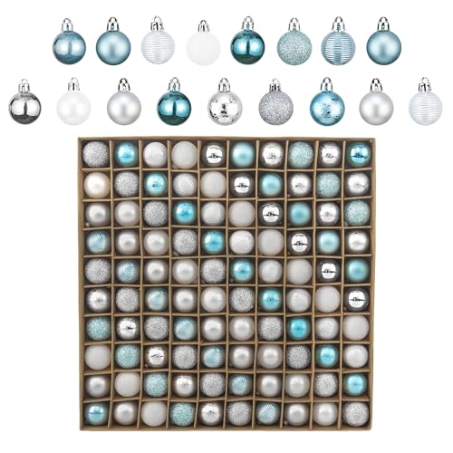Valery Madelyn 100ct Mini Summer Beach Ornaments Tree Decorations Set, 1.18 Inches Light Blue Silver Shatterproof Christmas in July Coastal Ocean Nautical Marine Hanging Balls Bulk for Holiday Decor
