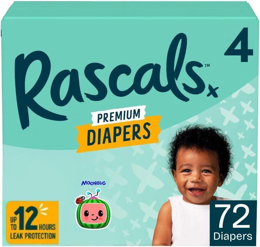 Image of Rascals Premium Baby Diapers Size 4, 72 Count – Hypoallergenic, Ultra Absorbent, Leak-Proof, Fast-Dry Layer, High-Back Waistband, Unisex Disposable Diapers