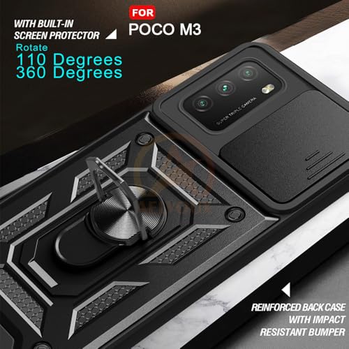Image of AESTMO Tough Armor Poco M3 / Redmi 9 Power Bumper Back Case Cover | Ring Holder & Sliding Camera Shield Cover | 360 Degree Protection Back Case Cover for Poco M3 / Redmi 9 Power (Black)