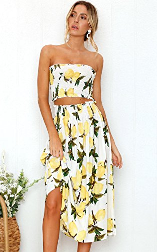 Angashion Women's Floral Crop Top Maxi Skirts Set 2 Piece Outfit Dress2