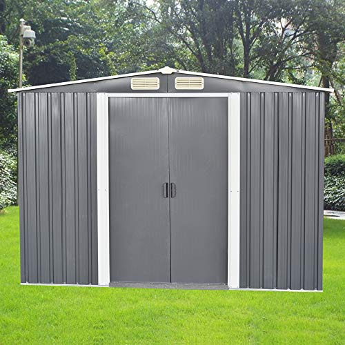ANABELLE Garden Metal Shed with Double Sliding Doors and with Free Base, Large Tool Storage House Pent Outdoor, Steel Frame, 257 cm (W) x 205 cm (D) x 177 cm (H), Gray
