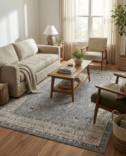 Rugs.com - Eco Traditional Rug – 5' 3 x 8' Harbor Blue Easy-Clean Stain-Resistant Rug – Eco-Friendly Recycled Polyester Area Rug for Living Rooms, Bedrooms, and Home Offices