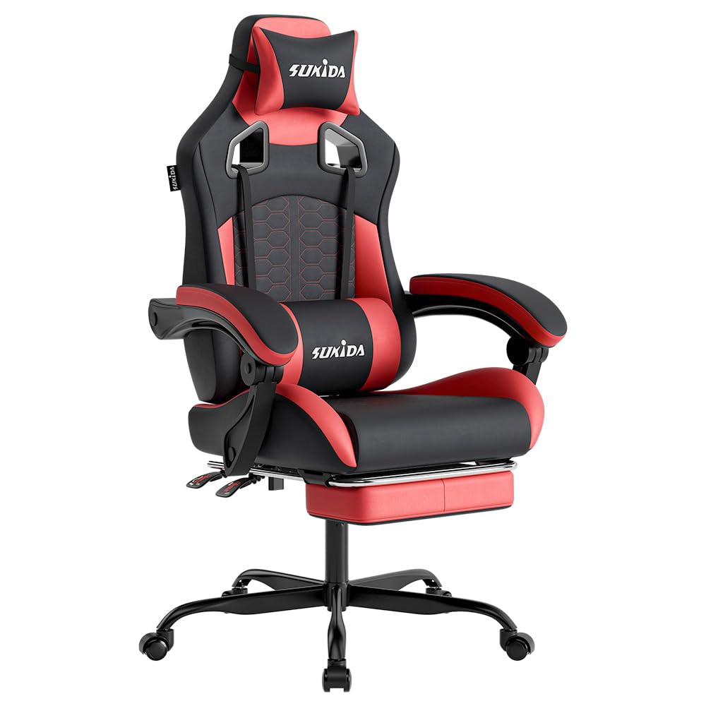 SUKIDA Gaming Stuhl,Ergonomischer Gaming-Stuhl mit Fußstütze, Racing Gaming Chair Kopfstütze Verstellbarer Computerstuhl Höhenverstellbar Lendenwirbelstütze für Homeoffice und Gaming und Gaming