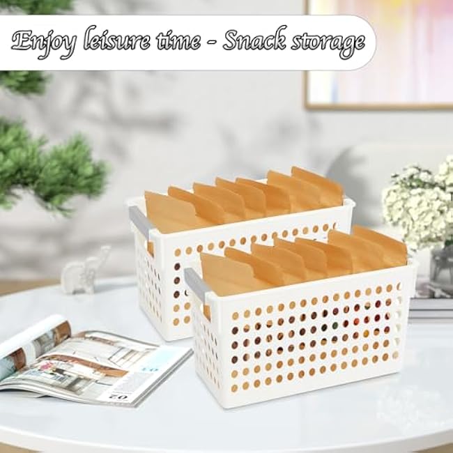Plastic Storage Baskets, 4 Pack Narrow Organizing Baskets White Storage Bins With Handles Kitchen Storage Containers, Plastic Organizing Bins For Desk Garage Cabinet, 10.62 x 7.08 x 5.51 Inch