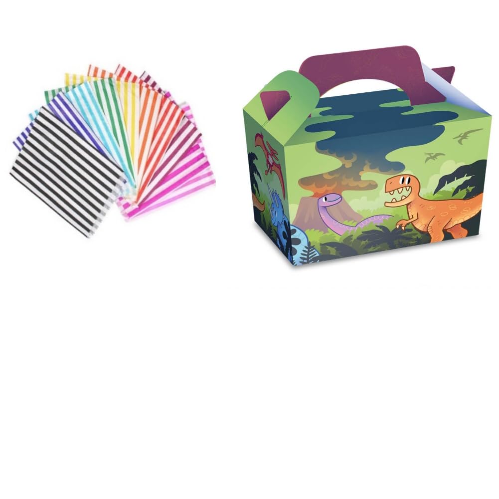 MustBeBonkers 10 Party Boxes - Themed Character Loot Treat Box - plus 10 FREE Paper Party Bags (Dinosaur)