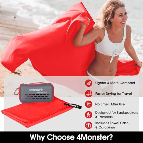 Image of 4Monster Quick Dry Travel Towel with Case & Carabiner - Super Absorbent Microfiber Gym & Camping Towel. Compact, Lightweight, Fast Drying for Beach, Swimming, Hiking, Backpacking